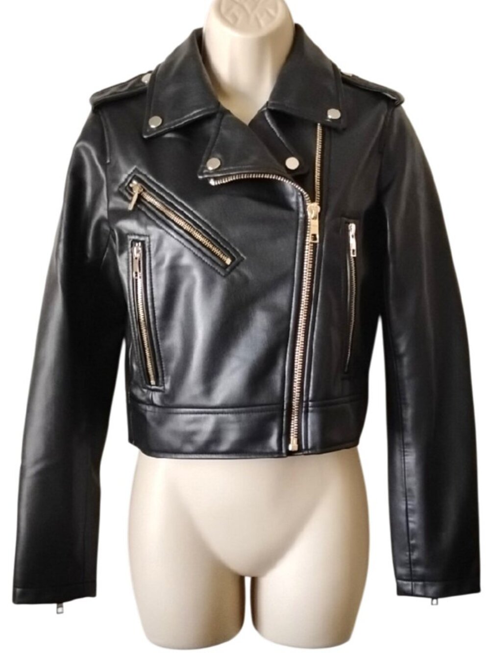 NWOT Zara Gold Tone Hardware Faux Leather Moto Jacket XS Black Motorcycle
